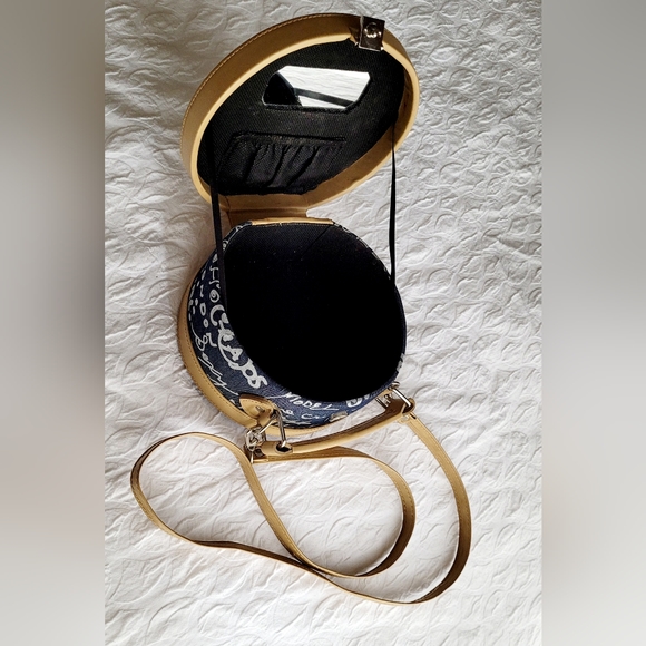 Small Canvas Circle Purse handbag Crossbody Purse With Mirror Blue Beige - Picture 8 of 9